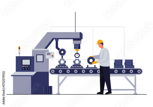 An industrial worker in a hard hat oversees a robotic arm assembling metal parts on a conveyor belt in a factory setting.