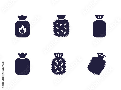 Minimalist Hot Water Bottles and Heat Packs Vector Icon Set. Health, Comfort, Winter, Wellness, Fuzzy, Flame Icons.