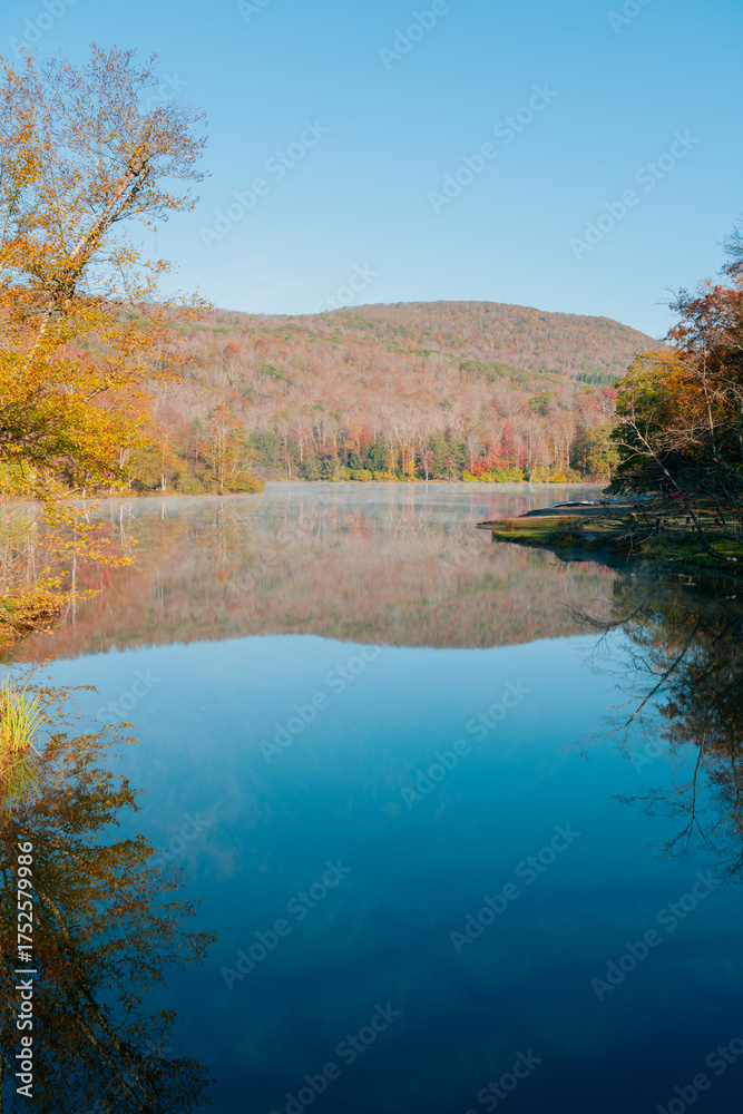 Obraz premium Beautiful Autumn Forest with Mountain Fog and A Lake