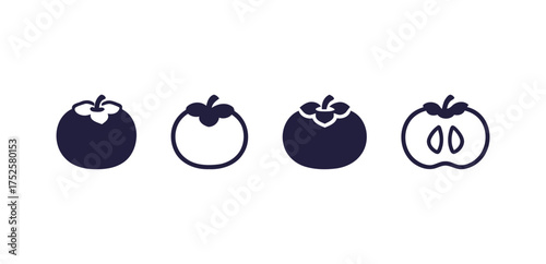 Minimalist Persimmon Fruit Vector Icons (Solid, Outline, Half-Cut). Autumn Harvest, Food, Farming.
