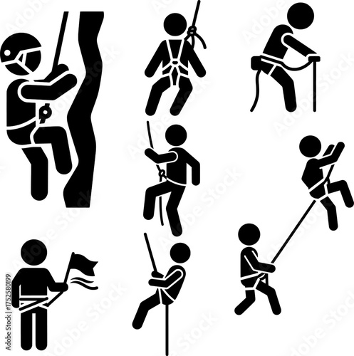 Rock Climbing, Mountaineering, and Rope Activity Stick Figure Pictograms