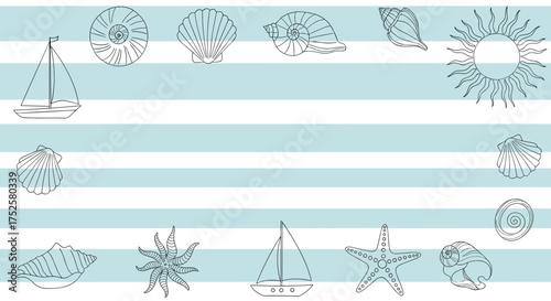 A charming nautical themed border design with sailing boats seashells and sun patterns.