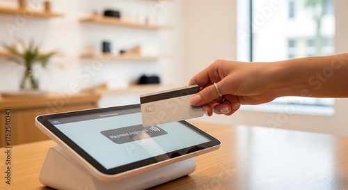 Customer Paying with Credit Card on Tablet Payment Terminal in Store image photo