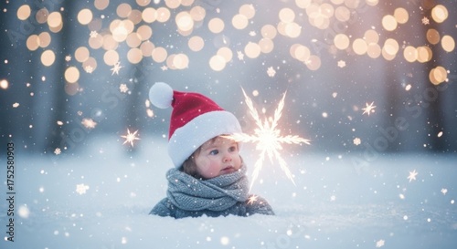 A Cute Baby Wearing A Santa Hat In The Snow Holding A Sparkler On A Snowy Winter Day Surrounded By Bokeh Lights