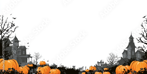 Spooky Halloween themed vector background featuring vibrant orange pumpkins, eerie silhouettes of haunted houses, and dark trees, creating festive atmosphere for season