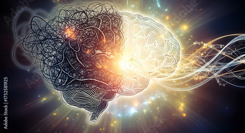 Abstract Human Brain Illustration with Glowing Neural Networks and Data Connections, AI and Intelligence Concept