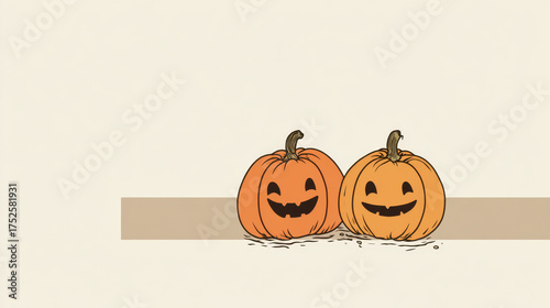 Two cheerful pumpkins with smiling faces sit side by side, embodying spirit of Halloween. Their vibrant orange color contrasts beautifully against soft background, creating minimalist yet festive