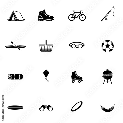 Outdoor Summer Activities Gear and Equipment Icons Set