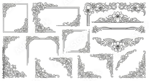 Vintage floral frame border corner ornament decorative design element invitation vector victorian filigree art deco