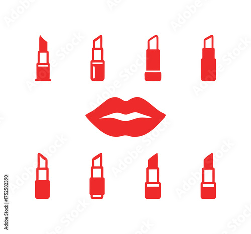 Red Lipstick and Lips Vector Icons (Solid Style). Beauty, Cosmetics, Makeup, Fashion, Glamour, Lifestyle.