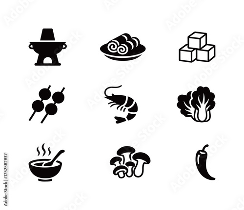 Hot Pot and Asian Ingredient Vector Icon Set (Seafood, Vegetables, Broth). Asian Cuisine, Food, Cooking Themes.
