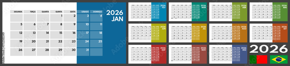 custom made wallpaper toronto digital2026 whole year monthly office planner or wall calendar horizontal grid layout, monday first, two weekends, portuguese months name, each month on separated page, ready for print