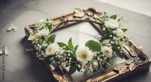 Ornate Golden Frame Adorned with Delicate White Blossoms and Verdant Greenery Evokes Timeless Elegance and Natural Beauty