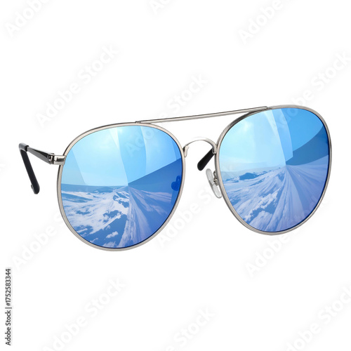 Aviator sunglasses with blue mirrored lenses reflect a winter landscape.