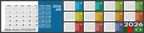 2026 whole year monthly office planner or wall calendar horizontal grid layout, monday first, two weekends, portuguese months name, each month on separated page, ready for print