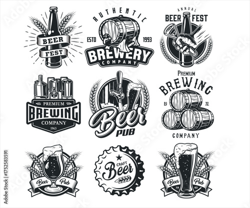 Vintage Craft Beer Emblems: A collection of classic, vintage beer emblems showcasing the rich tradition and artistry of craft brewing. Emblems include mugs of beer and related brewing