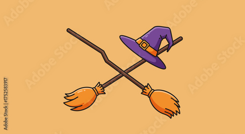 Witch Hat and Broom – Flat 2D Halloween Vector Illustration