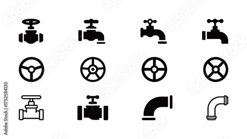 Black/White Plumbing and Piping Component Icons: Faucets, Pipe Fittings, Valves. Plumbing Systems, Construction, Water Flow, Home Infrastructure. Solid/Line Art.