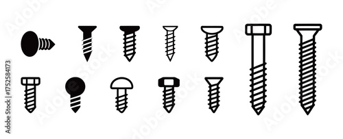 Black/White Screw and Bolt Icons Set: Wood Screws, Machine Bolts. Hardware, Construction, Fasteners, Industrial Equipment. Solid/Line Art. Mechanical, DIY.