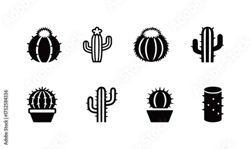 Black/White Cactus and Succulent Icons Set (Saguaro, Barrel Cacti). Desert Flora, House Plants, Botanical Elements, Arid Climates. Solid/Line Art.