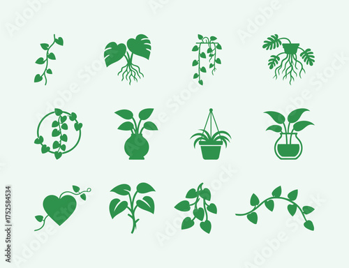 Vibrant Green Houseplant and Vine Icons Set (Monstera Leaf, Hanging Plants). Gardening, Indoor Plants, Home Decor, Botany, Green Living. Solid Vector.