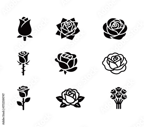 Black/White Rose Flower Icons (Bud, Bloom, Bouquet). Love, Romance, Floral Elements, Nature, Beauty, Wedding, Valentine. Solid Glyphs & Outline.