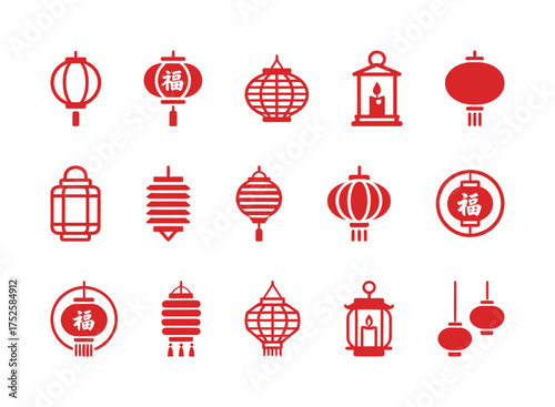 Vivid Red Line-Art Chinese Lantern Icons with "Fu" Character. Traditional Asian Culture, Lunar New Year, Festive Light, Decorative Elements.
