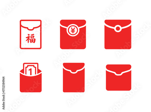 Vivid Red Chinese Red Envelopes (Hongbao/Lai See) Icons with "Fu" Outline. Festive Traditions, Wealth, Good Luck, Chinese New Year. Solid/Line Art.
