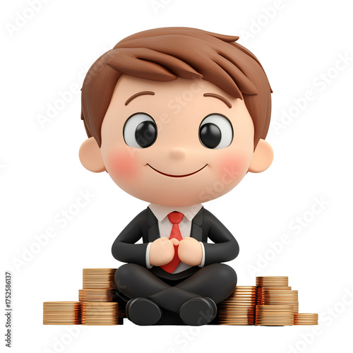 Smiling Cartoon Boy in Suit Sitting on Gold Coins