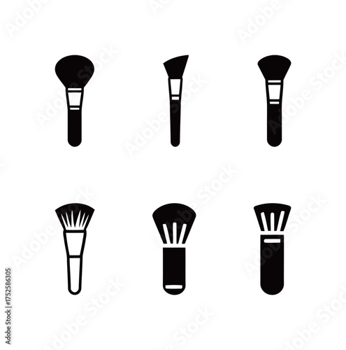 Assorted Makeup Brushes Icons Set in Solid Black Silhouette Style Representing Tools for Applying Powder, Foundation, and Blush for Beauty, Cosmetics, and Professional Stylists