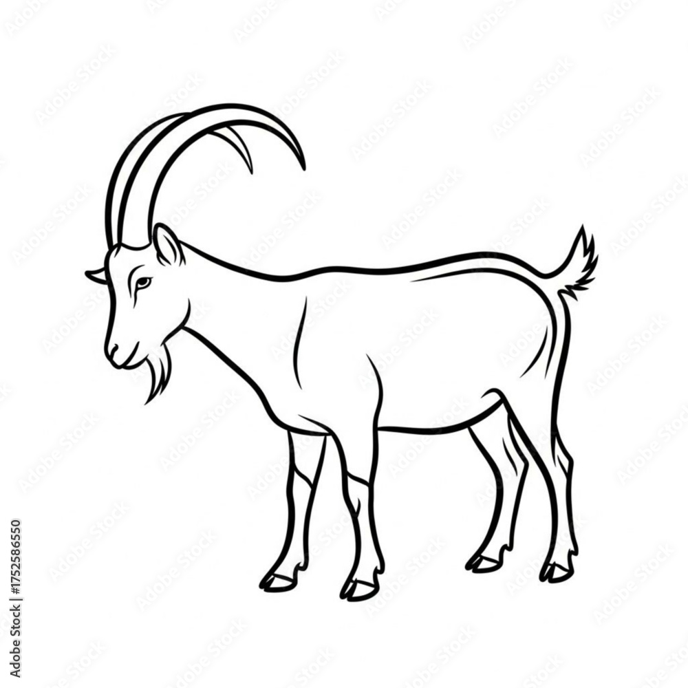 Obraz premium Goat Contour: A striking line drawing showcases a majestic goat, with its elegant horns. The image emphasizes the intricate details of the animal's form.