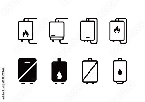 Set of Water Heater and Boiler Icons, Household and Industrial Heating System Symbols