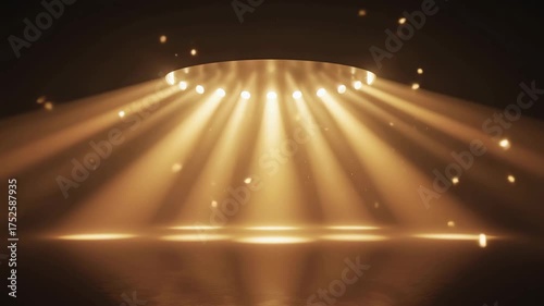 Golden Stage Spotlight With Dramatic Beams and Particles Empty Podium Background for Showcase