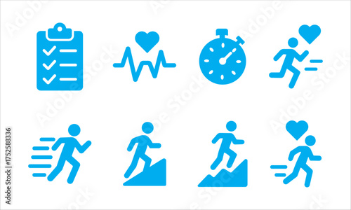 Cardio Training Icons. Solid, filled icon set of cardio training plans: interval training, steady state, HIIT, long distance