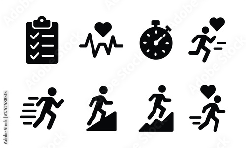 Cardio Training Icons. Solid, filled icon set of cardio training plans: interval training, steady state, HIIT, long distance