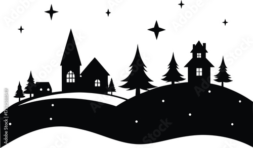 Christmas Winter Town Silhouette at Dusk, Silhouette of a Festive Winter Village at Sunset