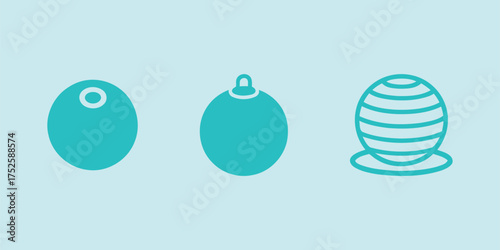 Set of aqua blue fitness exercise balls and Christmas ornaments icons in flat and line style
