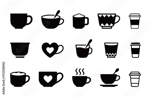 Coffee and tea cups, mug icons set in black solid and outline style, hot beverage symbols