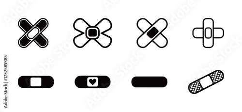 Adhesive bandage and plaster strip icons set in solid and outline style, medical care symbols