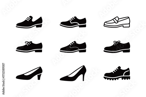 Set of formal and casual footwear icons in solid and outline style, men's and women's shoes