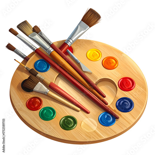 Colorful paints and brushes rest on an 's wooden palette.