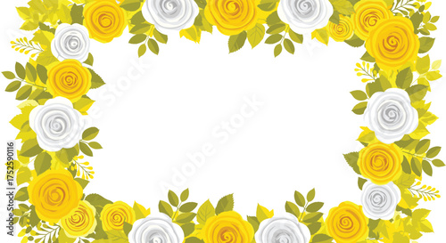 A decorative rectangular frame adorned with a vibrant arrangement of yellow and white roses and lush green leaves.