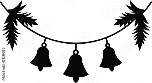 Elegant Christmas Garland with Bells and Leaf Silhouette Vector Illustration. 