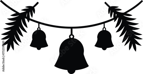 Elegant Christmas Garland with Bells and Leaf Silhouette Vector Illustration. 