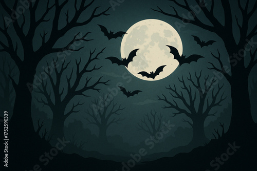 a spooky haunted forest scene with silhouetted trees and fog