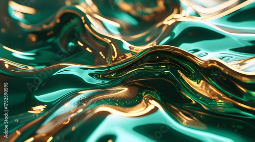 liquid-metallic waves in emerald green and golden hues, Emerald Alloy Waves, Generative Ai
