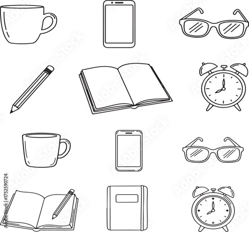 vector set of office objects Work and Study Desk Line Art Icons Vector Set: Office and Daily Objects

Minimalist Black and White Doodle Art: Alarm Clock, Book, and Coffee Cup

Outline Icons for Educat