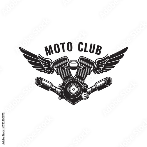 Motorcycle Engine with Wings Black and White Emblem Design