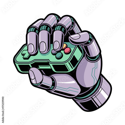 Cyborg hand holding console, gaming gadget, techno vibes, metallic fingers, sci fi controller, competitive esports, vector illustration