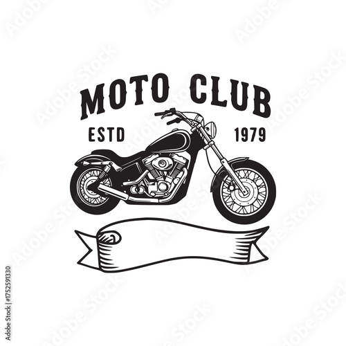 Vintage Motorcycle Club Emblem Featuring a Chopper and Ribbon Banner